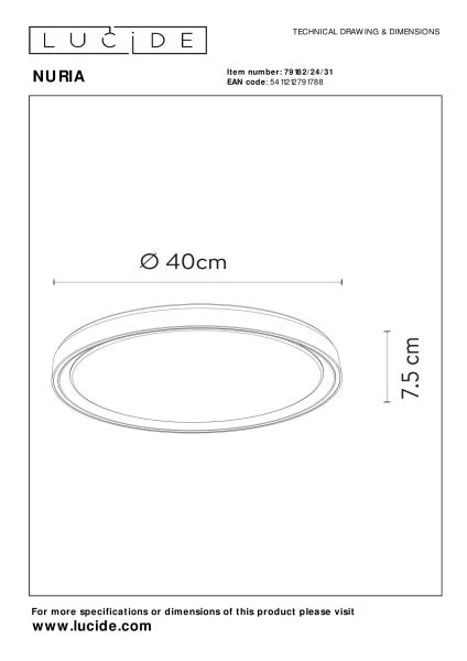 Lucide NURIA - Plafonnier - Ø 40 cm - LED 3 StepDim - 1x24W 2700K - Blanc - technique